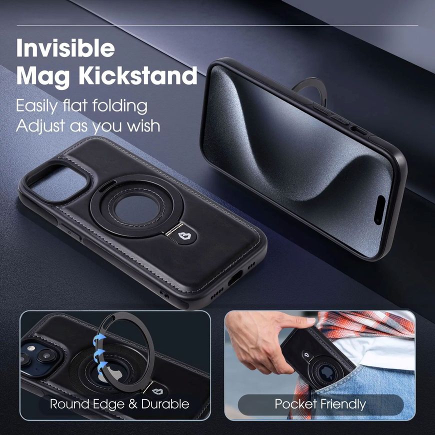 Чехол Leather Stand с подставкой MagSafe для iPhone 13 - Черный фото 3