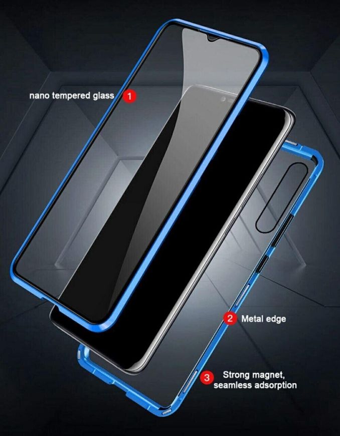 Магнитный чехол с защитным стеклом для Xiaomi Redmi Note 7 - Синий фото 4