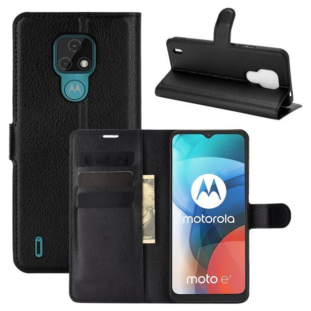 Чехол-Книжка с карманами для карт на Motorola E7 Plus - Черный фото 1
