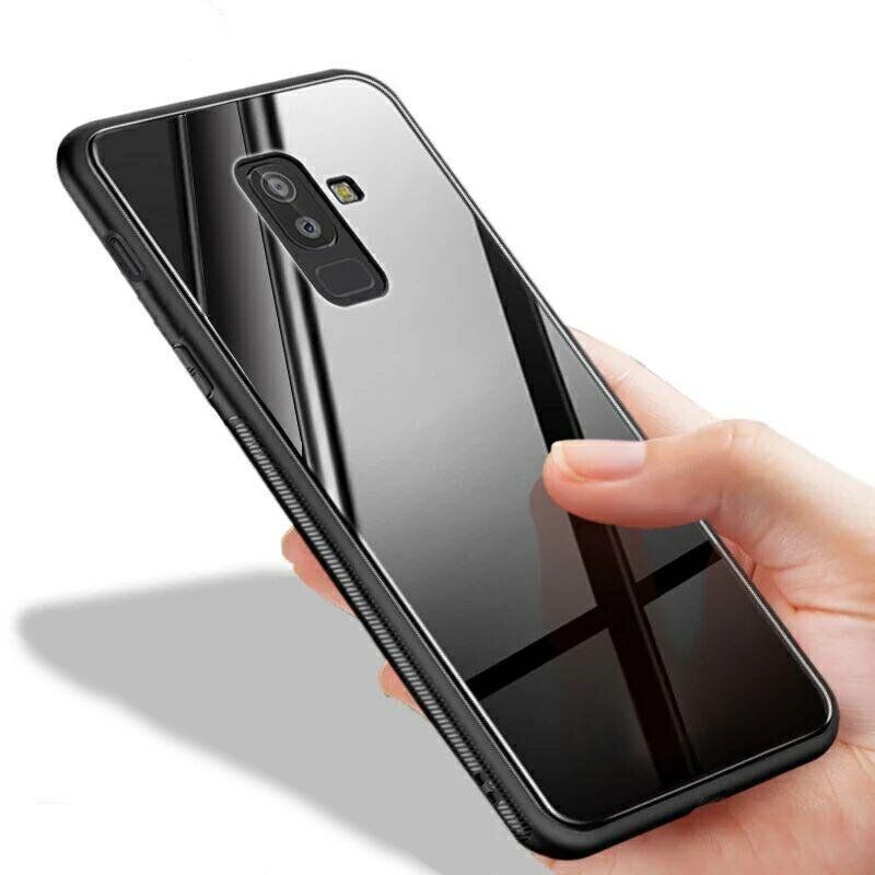 Силиконовый чехол со Стеклянной крышкой для Samsung Galaxy A6 Plus - Черный фото 4