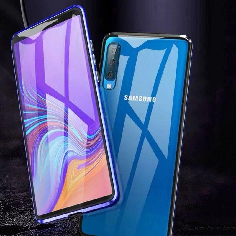 Магнитный чехол с защитным стеклом для Samsung Galaxy A7 (2018) - Синий фото 5