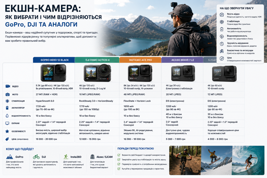 Інфографіка з порівнянням п'яти екшн-камер: GoPro Hero 12 Black, DJI Osmo Action 4, Insta360 Ace Pro, Akaso Brave 7 LE та SJCAM за відео, фото, стабілізацією та ціною