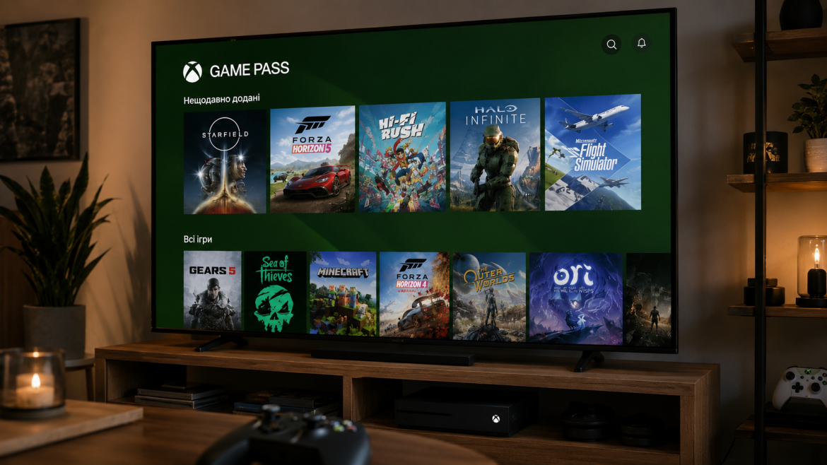 Великий телевізор у затишній вітальні показує інтерфейс Xbox Game Pass з іграми Starfield, Forza Horizon 5, Halo Infinite та іншими, поруч — консоль Xbox і контролер