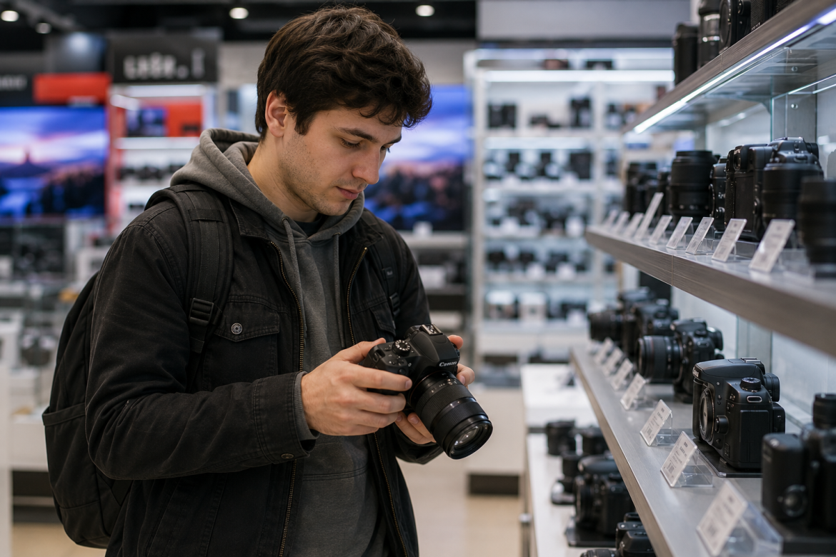 Молодий чоловік з рюкзаком тримає в руках дзеркальний фотоапарат Canon і розглядає його біля полиці з фотокамерами в магазині