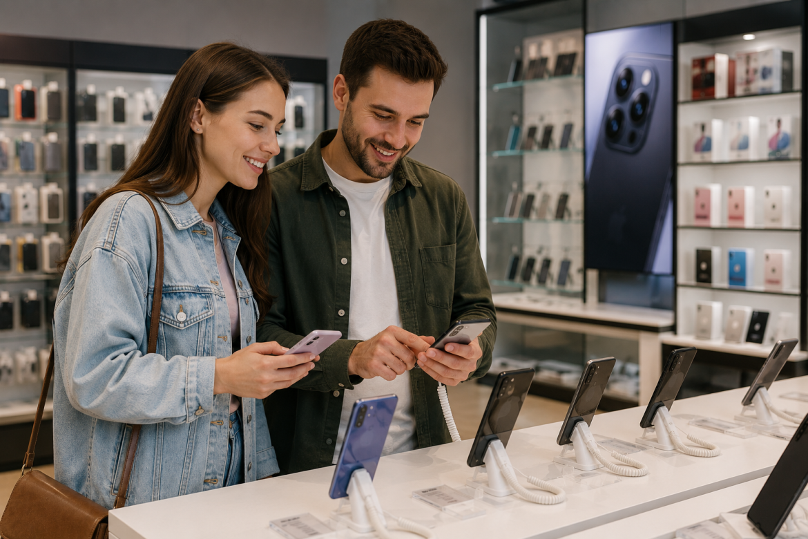 Усміхнена дівчина і хлопець тримають смартфони та порівнюють моделі біля виставкового прилавку в магазині електроніки