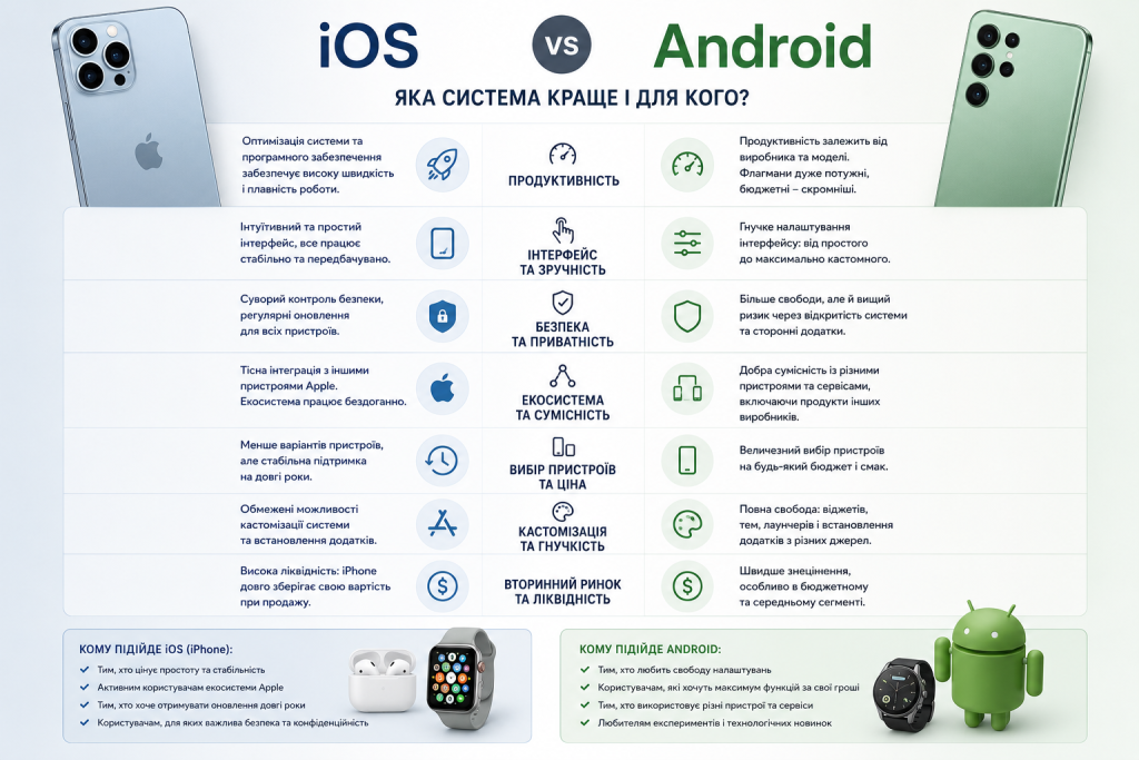 Інфографіка з порівнянням iOS та Android за сімома критеріями: продуктивність, інтерфейс, безпека, екосистема, вибір пристроїв, кастомізація та вторинний ринок