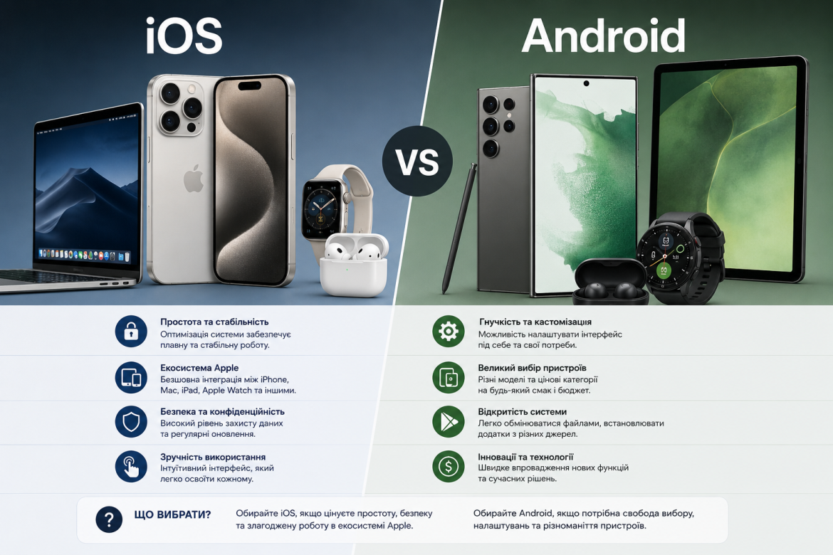Порівняльне зображення екосистеми Apple (iPhone, MacBook, Apple Watch, AirPods) та Android-пристроїв Samsung (смартфон, планшет, навушники, годинник) з переліком переваг кожної системи
