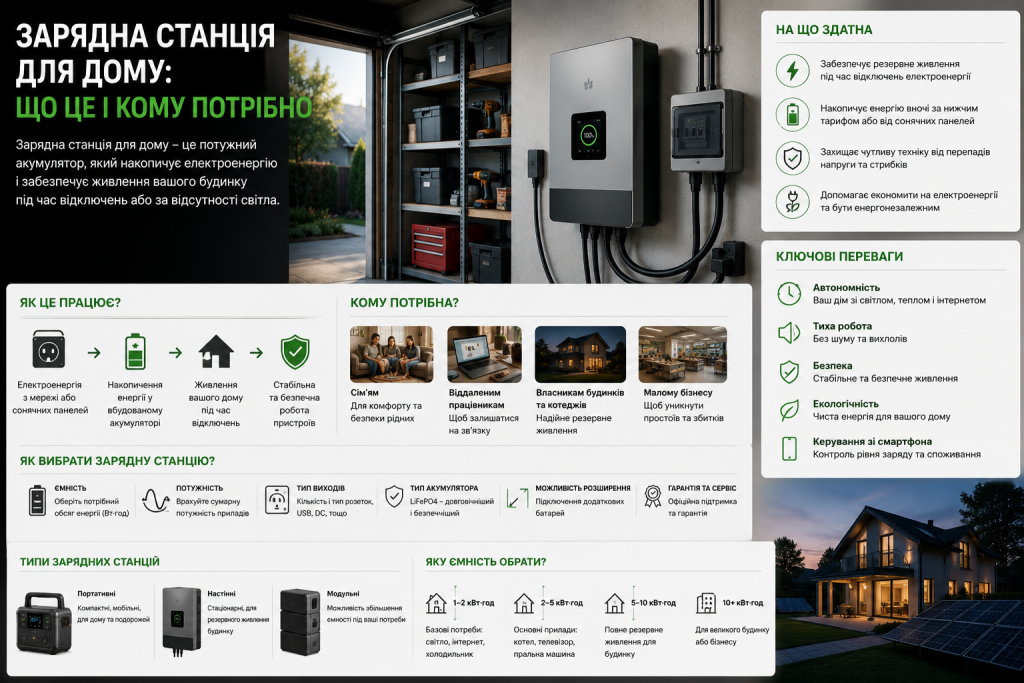 Інфографіка про домашню зарядну станцію: принцип роботи, кому підходить, як вибрати за ємністю та потужністю, типи станцій та ключові переваги