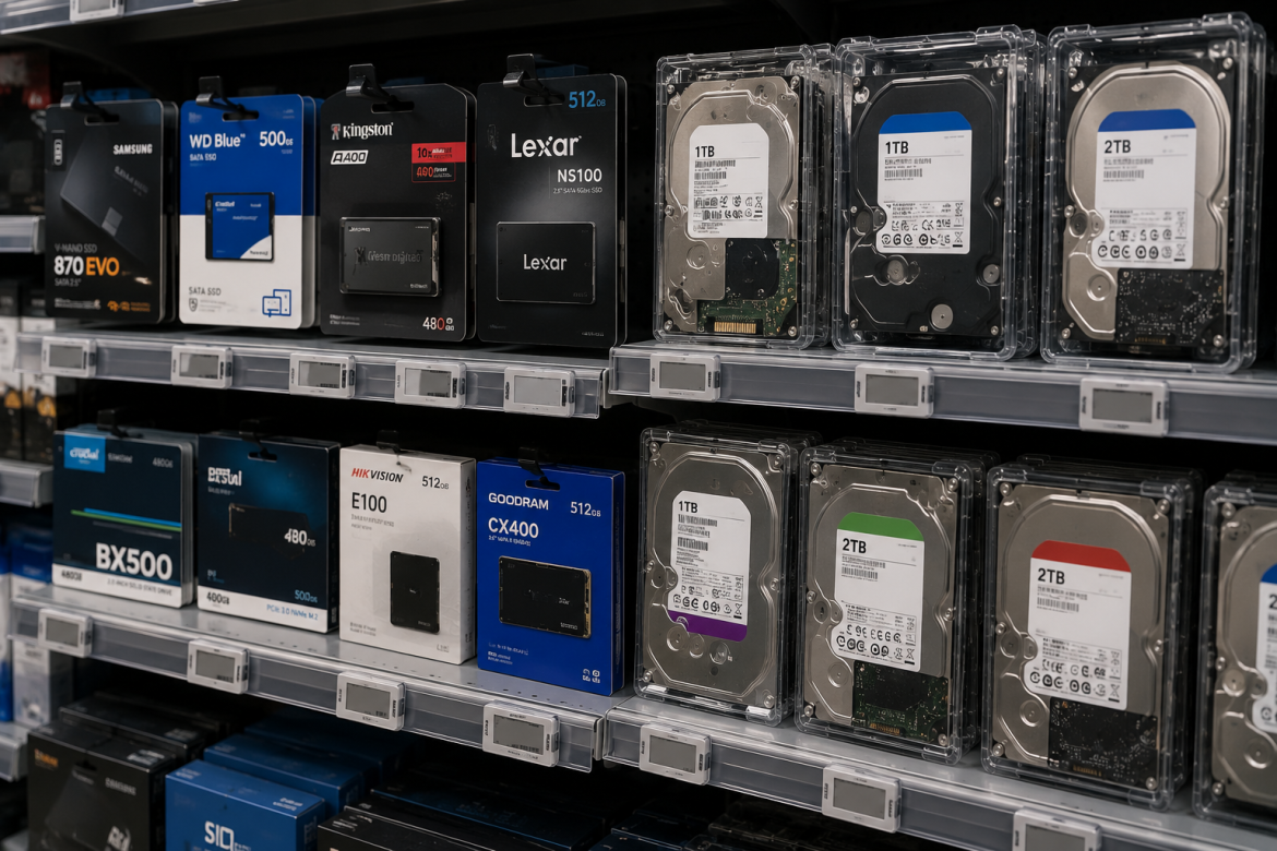 Полиці магазину з широким асортиментом SSD та HDD накопичувачів різних брендів: Samsung, WD Blue, Kingston, Lexar, Crucial, Goodram з ємністю від 480 ГБ до 2 ТБ