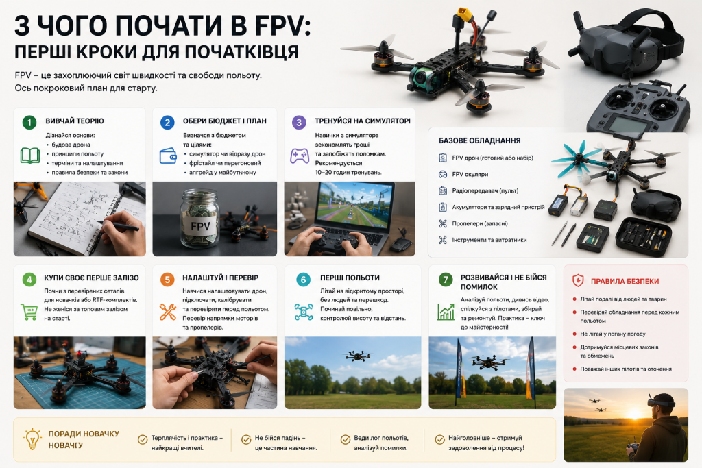 Інфографіка з сімома кроками для старту в FPV-дронах: теорія, бюджет, симулятор, перше обладнання, налаштування, перші польоти та правила безпеки