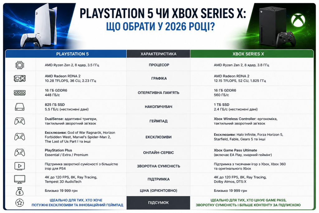 Інфографіка з детальним порівнянням PlayStation 5 та Xbox Series X за процесором, графікою, пам'яттю, геймпадом, ексклюзивами, онлайн-сервісами та ціною