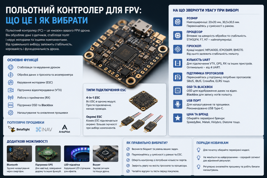 Інфографіка про польотний контролер FPV-дрона: основні функції, типи підключення ESC, популярні прошивки Betaflight та INAV, критерії вибору та поради новачкам