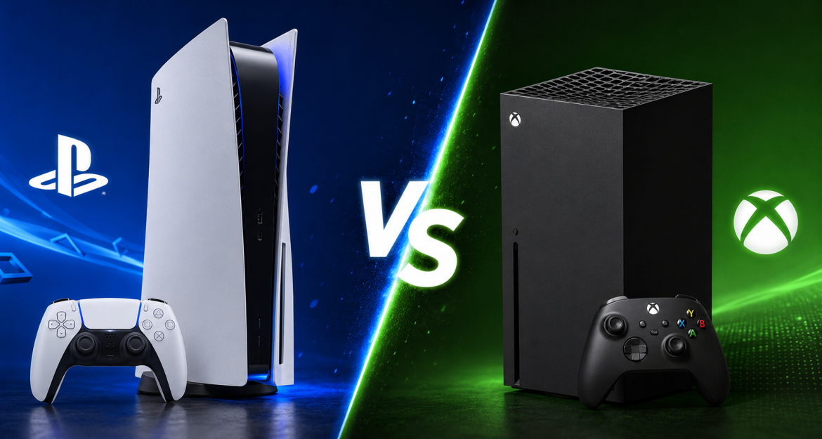Порівняльне зображення ігрових консолей PlayStation 5 та Xbox Series X з контролерами на синьому та зеленому фоні з написом VS між ними
