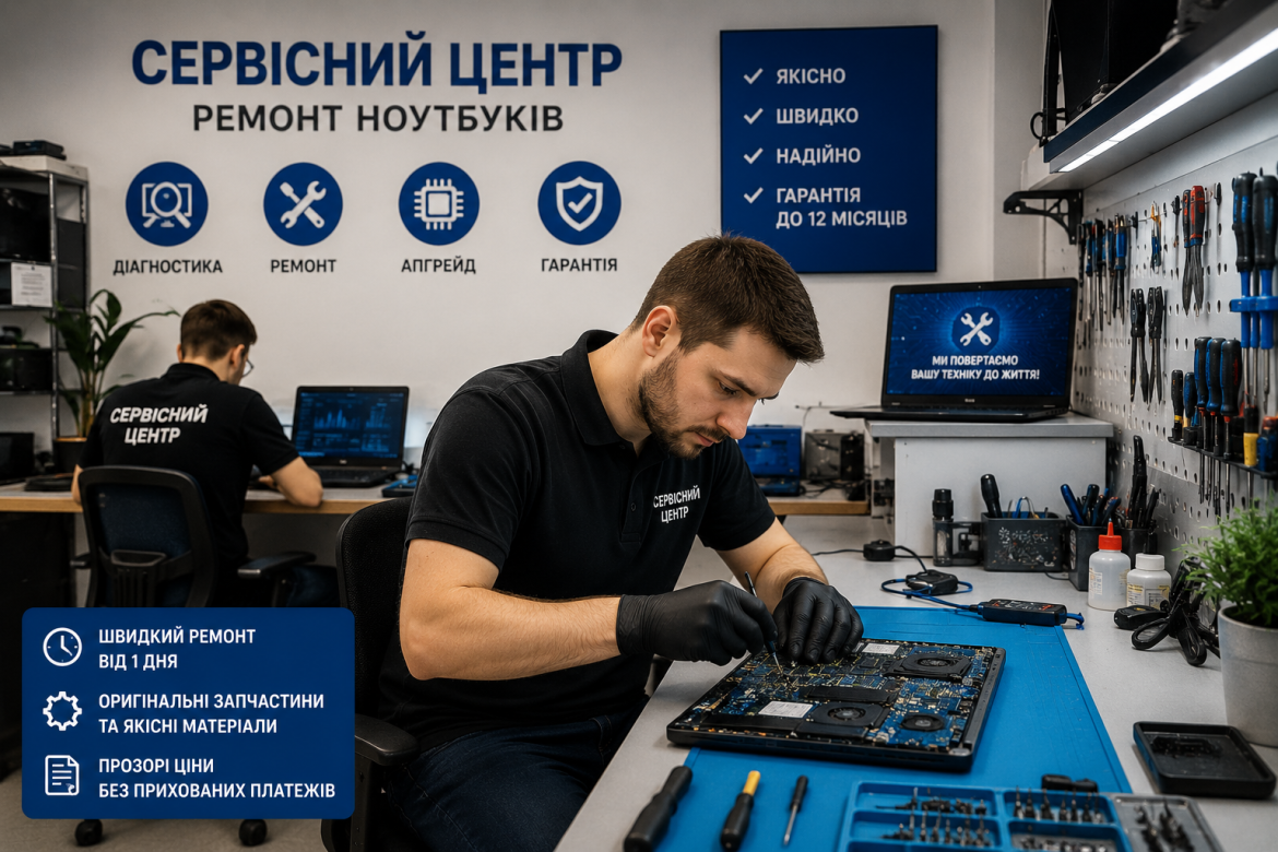 Майстер у чорній формі з написом «Сервісний центр» у рукавичках ремонтує материнську плату ноутбука на робочому столі, на стіні іконки послуг: діагностика, ремонт, апгрейд, гарантія