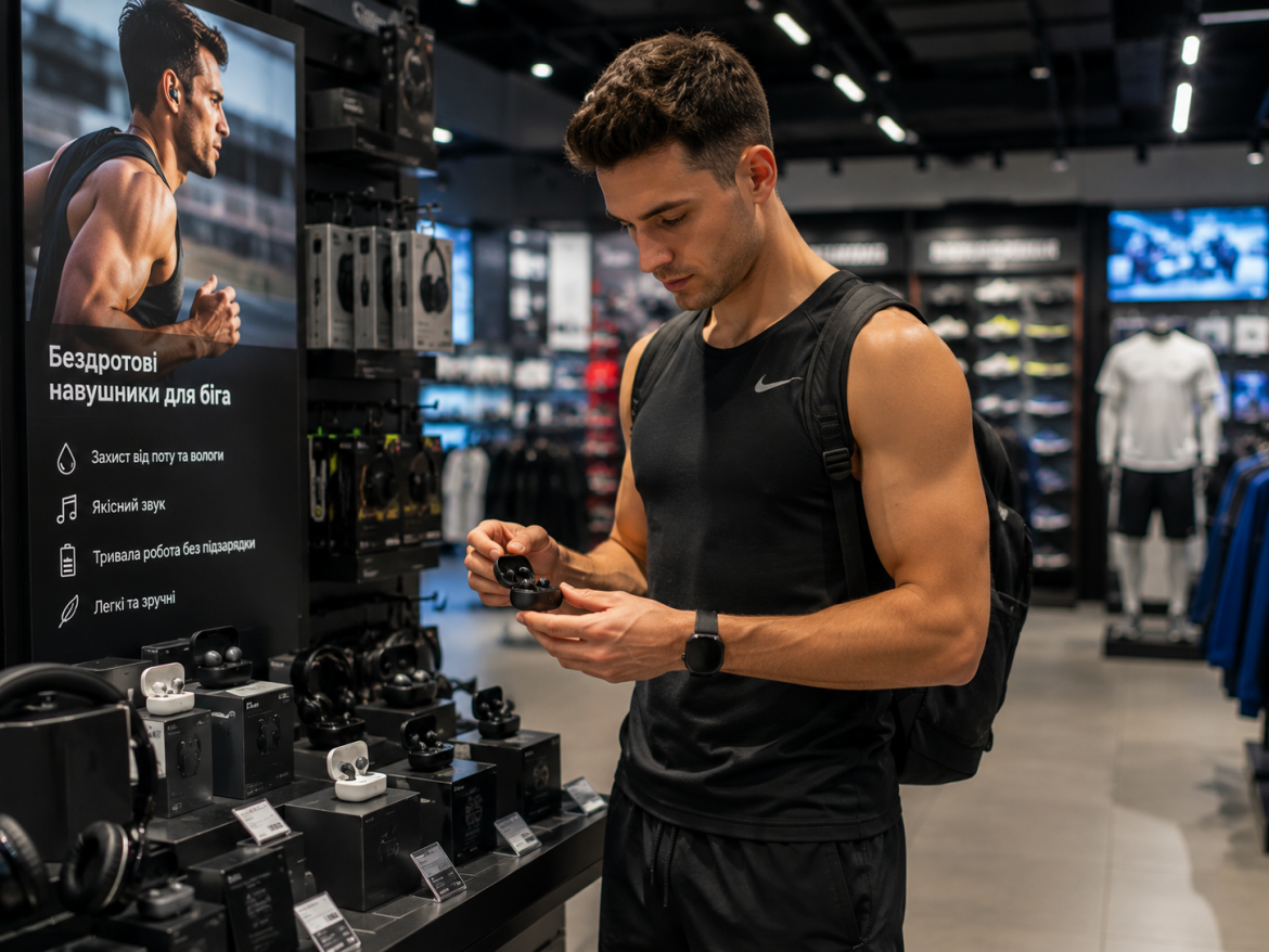 Молодий чоловік у спортивному одязі Nike розглядає бездротові вкладиші у магазині спортивних товарів поряд з виставкою навушників для бігу