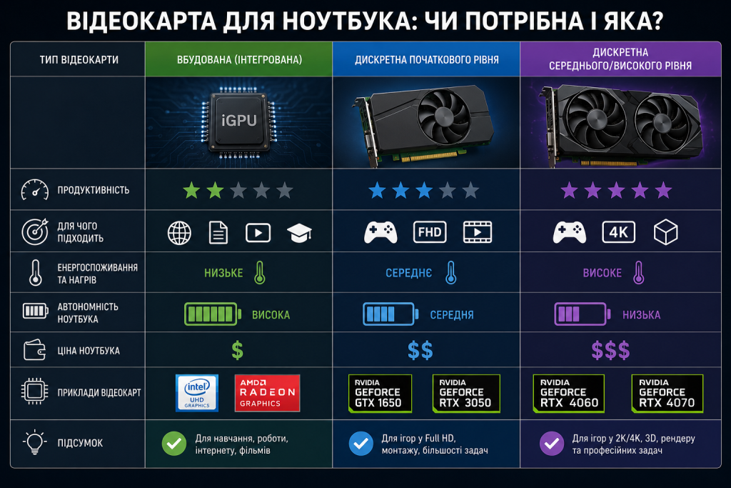 Порівняльна таблиця трьох типів відеокарт для ноутбука: вбудована iGPU, дискретна початкового рівня та дискретна середнього і високого рівня — з оцінкою продуктивності, енергоспоживання, автономності та прикладами моделей від Intel, AMD та NVIDIA