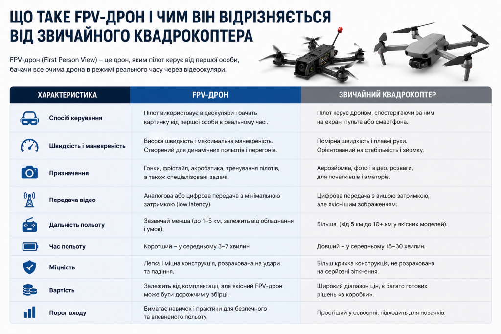 Інфографіка з порівнянням FPV-дрона та квадрокоптера за дев'ятьма параметрами: керування, швидкість, призначення, передача відео, дальність та час польоту