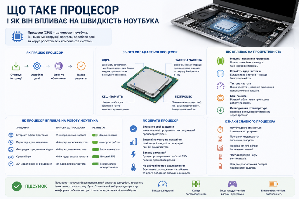 Інфографіка про будову та принцип роботи процесора: ядра, тактова частота, кеш-пам'ять, техпроцес, вплив на продуктивність та ознаки слабкого CPU