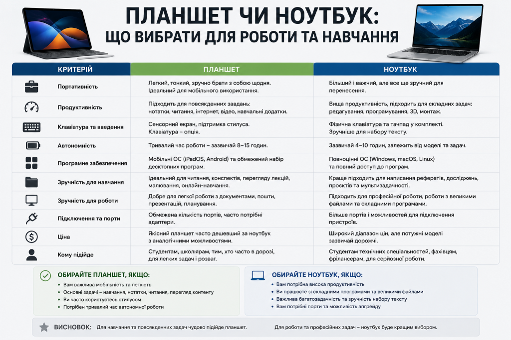 Інфографіка з порівнянням планшета та ноутбука за дев'ятьма критеріями: портативність, продуктивність, клавіатура, автономність, програмне забезпечення та ціна