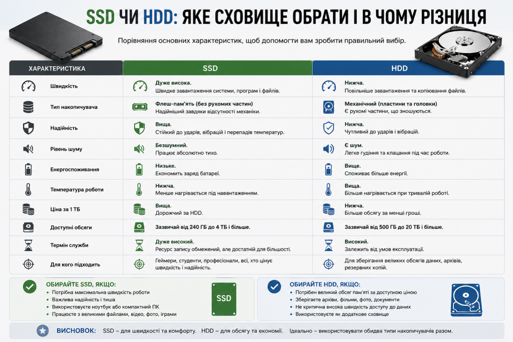 Інфографіка з порівнянням SSD та HDD за десятьма характеристиками: швидкість, надійність, шум, енергоспоживання, ціна та рекомендації щодо вибору