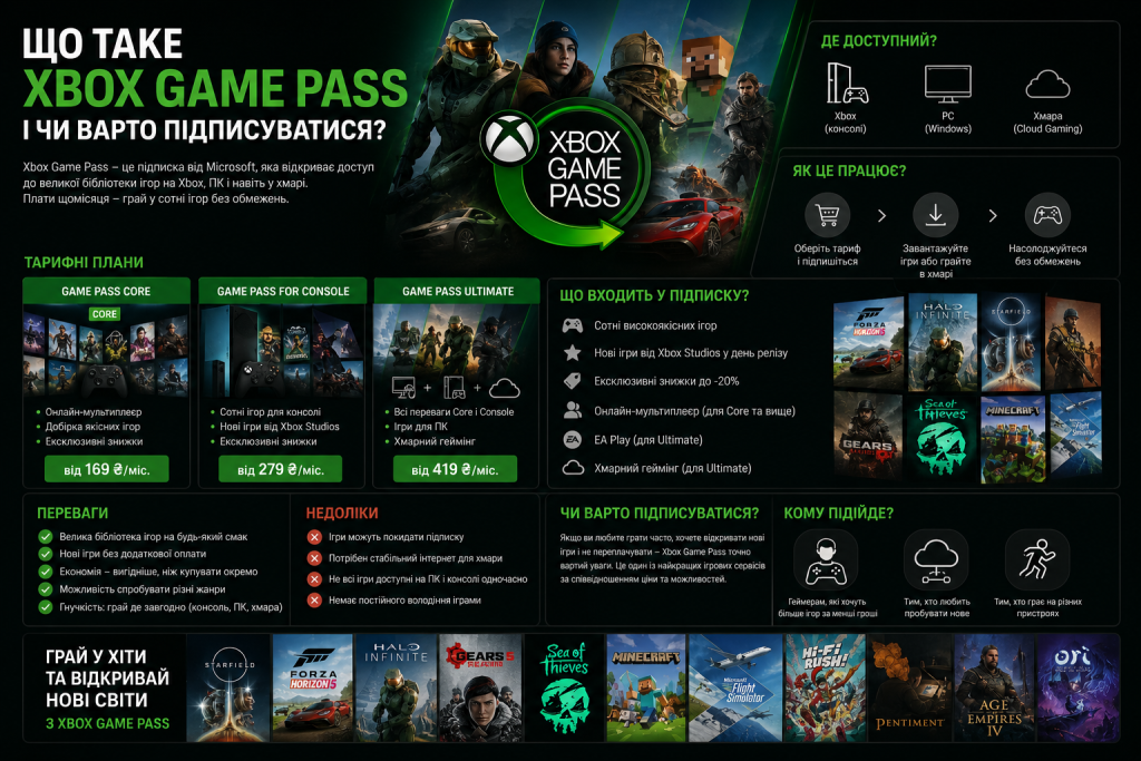 Інфографіка про Xbox Game Pass: три тарифні плани від 169 грн/міс., що входить у підписку, переваги та недоліки сервісу, популярні ігри та кому він підійде