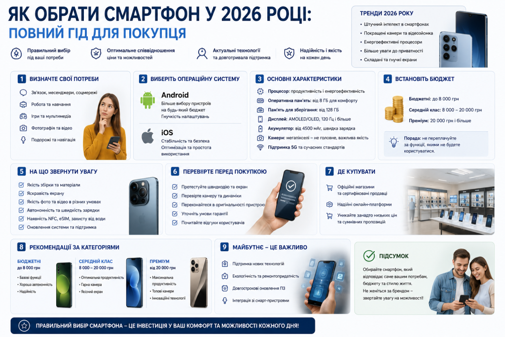 Інфографіка з дев'ятьма кроками вибору смартфону у 2026 році: потреби, операційна система, характеристики, бюджет, перевірка перед покупкою та тренди року