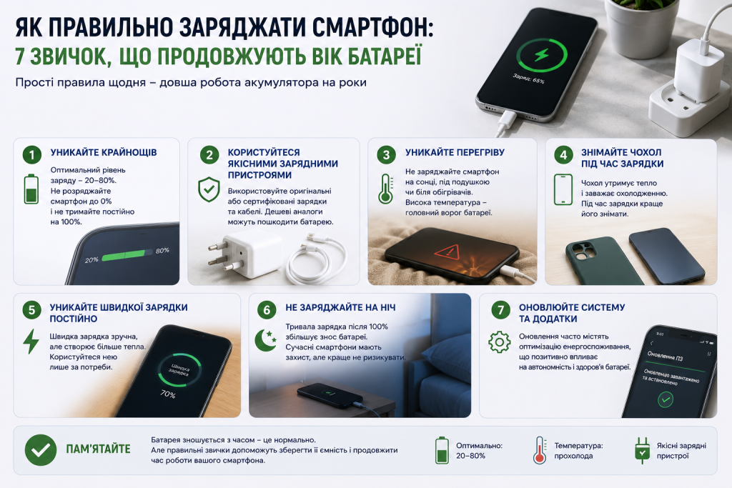 Інфографіка з сімома порадами щодо правильної зарядки смартфону: уникати крайнощів 0% та 100%, використовувати якісні зарядки, уникати перегріву та нічної зарядки