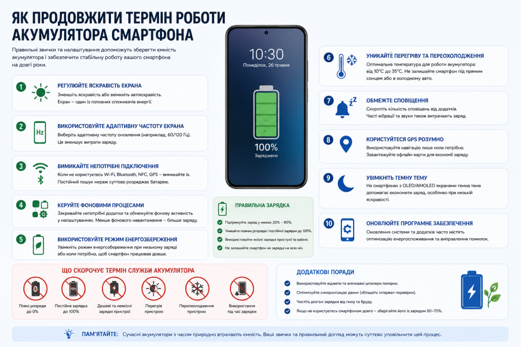 Інфографіка з 10 порадами щодо збереження акумулятора смартфона: регулювання яскравості, вимкнення непотрібних підключень, режим енергозбереження, правила зарядки та перелік того, що скорочує термін служби батареї