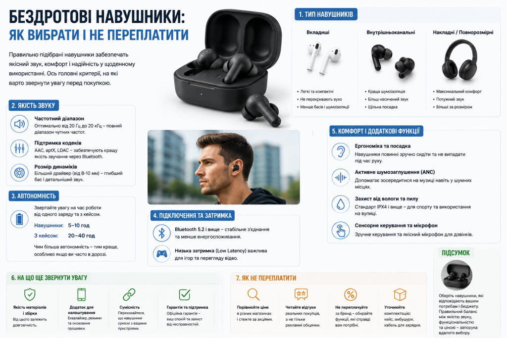 Інфографіка з сімома критеріями вибору бездротових навушників: тип, якість звуку, автономність, Bluetooth, комфорт, ANC та поради як не переплатити за бренд