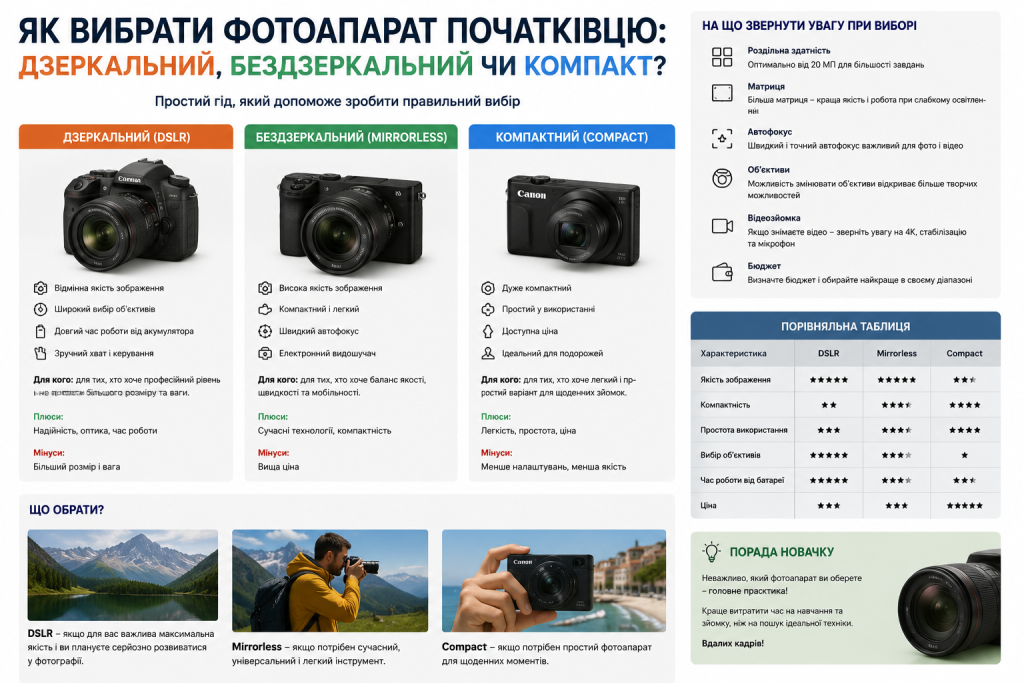 Інфографіка з порівнянням трьох типів фотоапаратів для початківців: DSLR, Mirrorless та Compact — з характеристиками, плюсами, мінусами та порівняльною таблицею