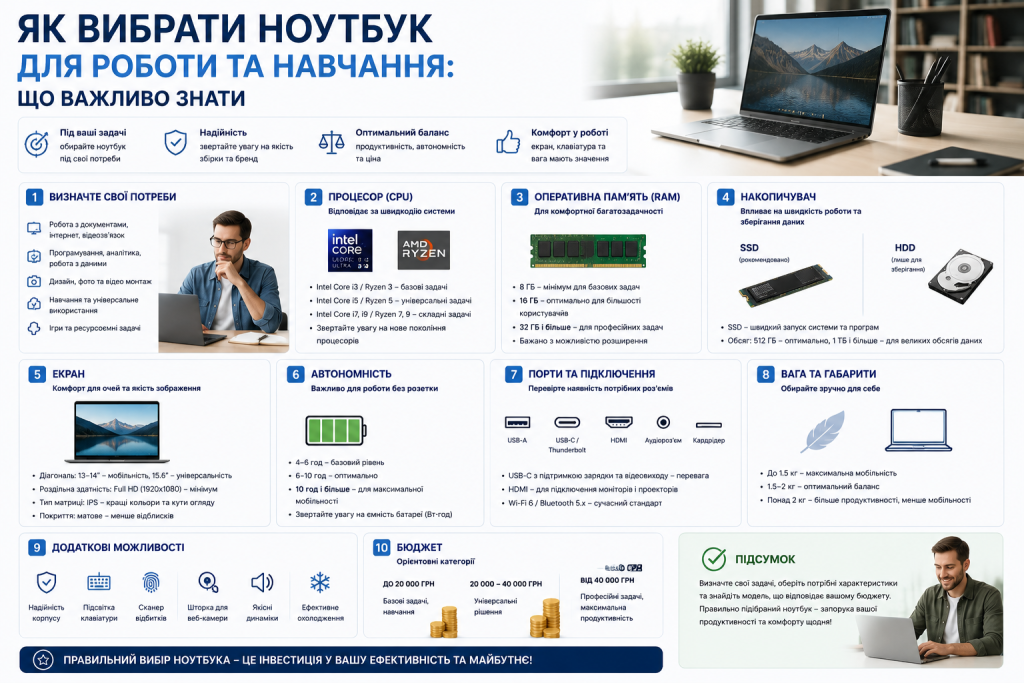 Інфографіка з десятьма критеріями вибору ноутбука: процесор, RAM, накопичувач, екран, автономність, порти, вага та бюджетні категорії до 20 000, 40 000 грн і вище