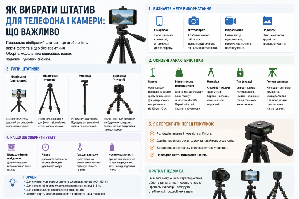 Інфографіка з п'ятьма кроками вибору штатива: мета використання, основні характеристики, типи штативів — настільний, трипод, монопод, горилапод — та поради перед покупкою