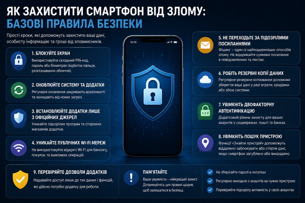 Інфографіка з дев'ятьма правилами захисту смартфону від злому: блокування екрану, оновлення системи, уникання публічного Wi-Fi, двофакторна автентифікація та резервні копії