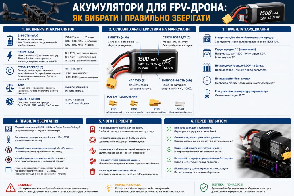 Інфографіка з порадами щодо вибору, заряджання та зберігання акумуляторів для FPV-дрона
