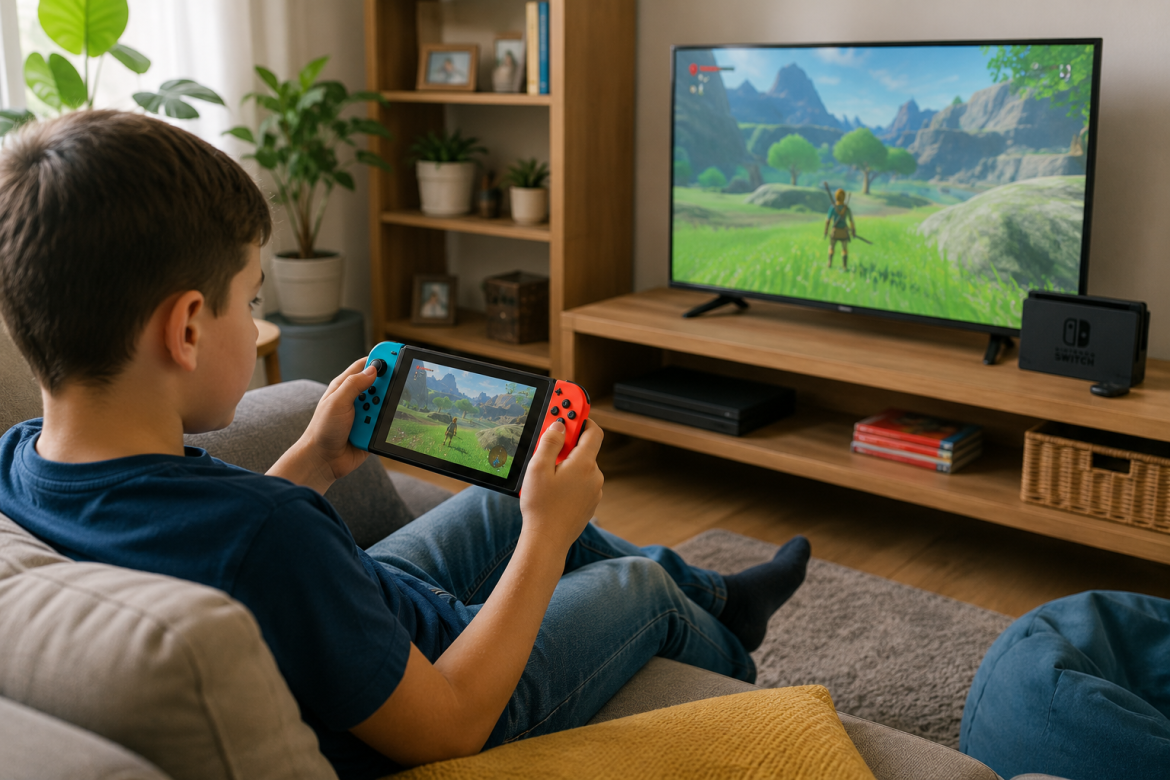 Підліток грає в ігрову консоль Nintendo Switch на дивані перед телевізором
