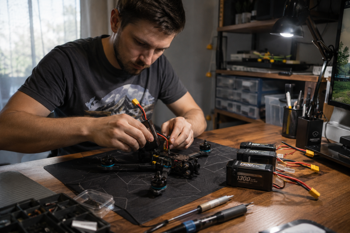 Чоловік підключає LiPo-акумулятор до FPV-дрона за робочим столом