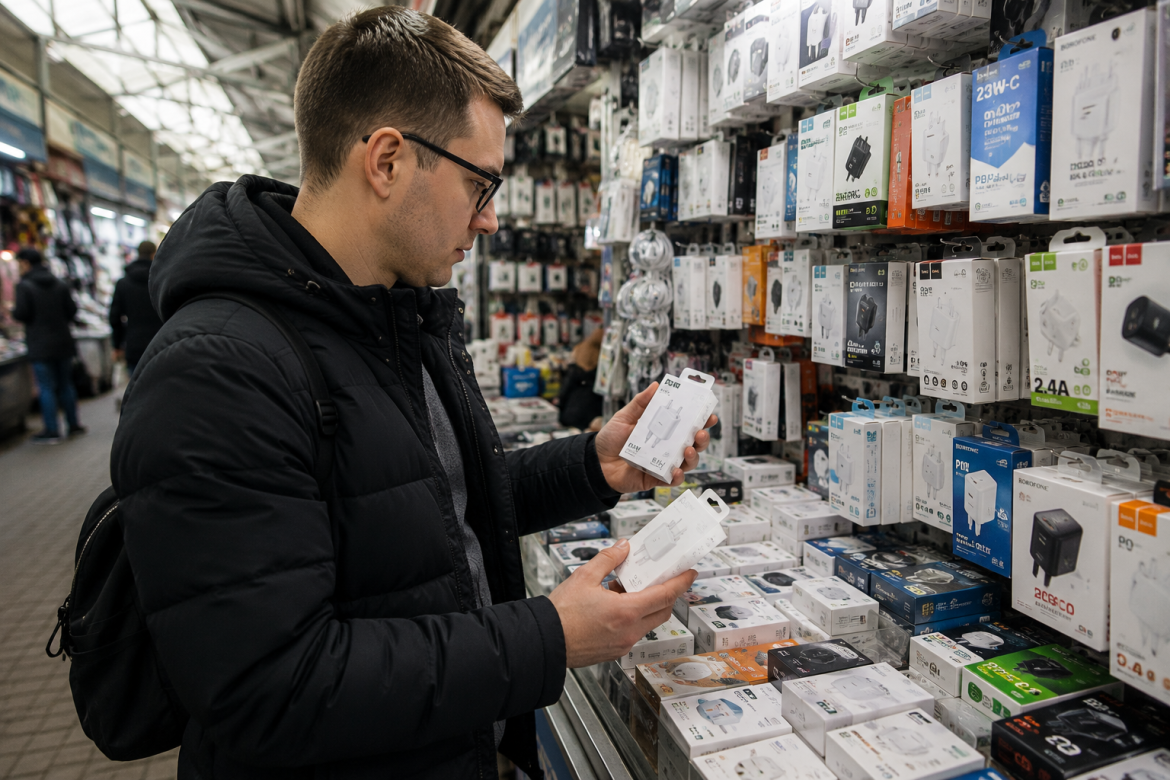 Чоловік порівнює зарядні пристрої для смартфона на полиці магазину електроніки перед покупкою.