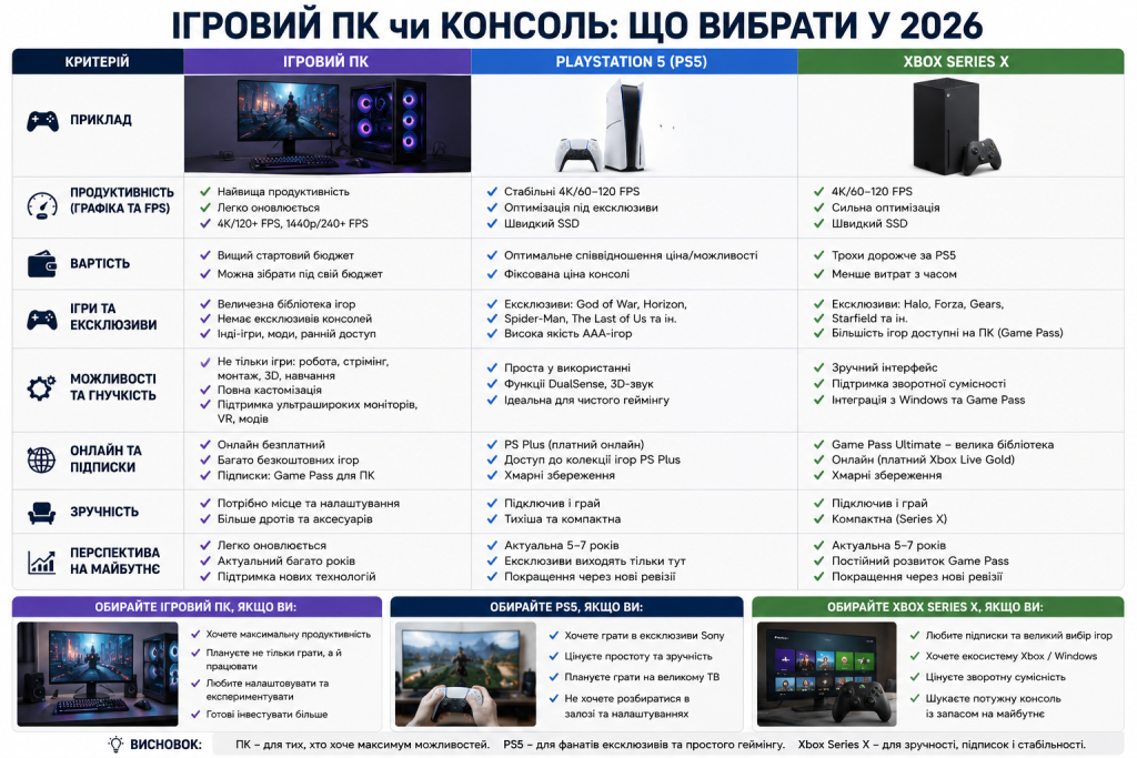 Інфографіка з порівнянням ігрового ПК, PlayStation 5 та Xbox Series X