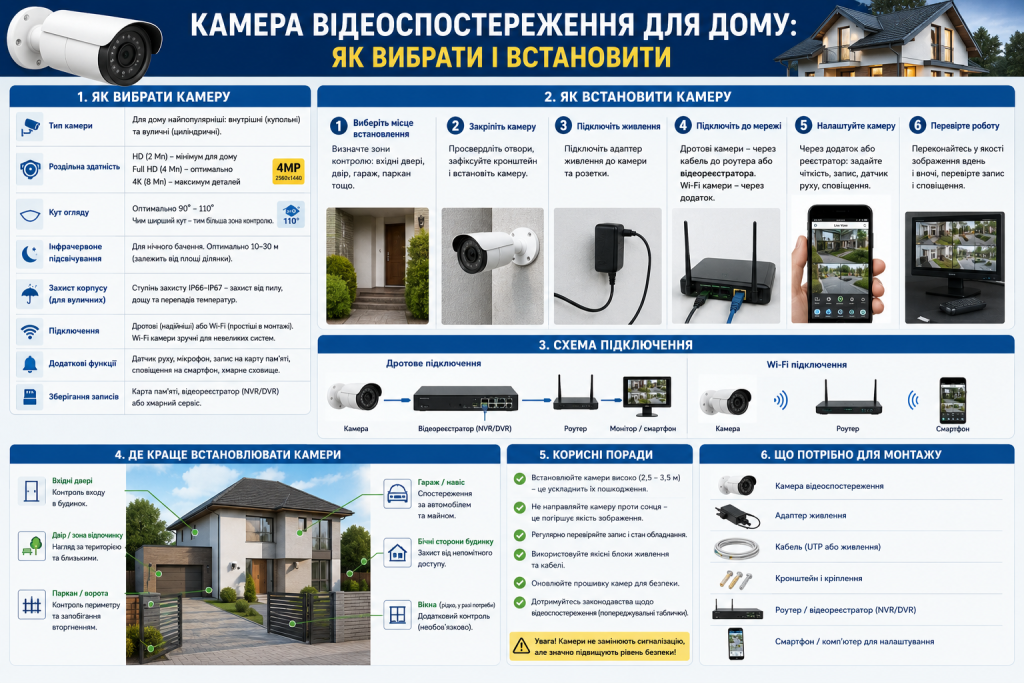 Інфографіка з порадами щодо вибору та встановлення камери відеоспостереження для дому