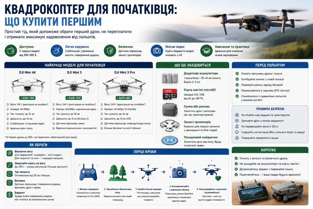 Інфографіка про вибір першого квадрокоптера: популярні моделі, характеристики, аксесуари, правила безпеки, перші кроки та поради для новачків.