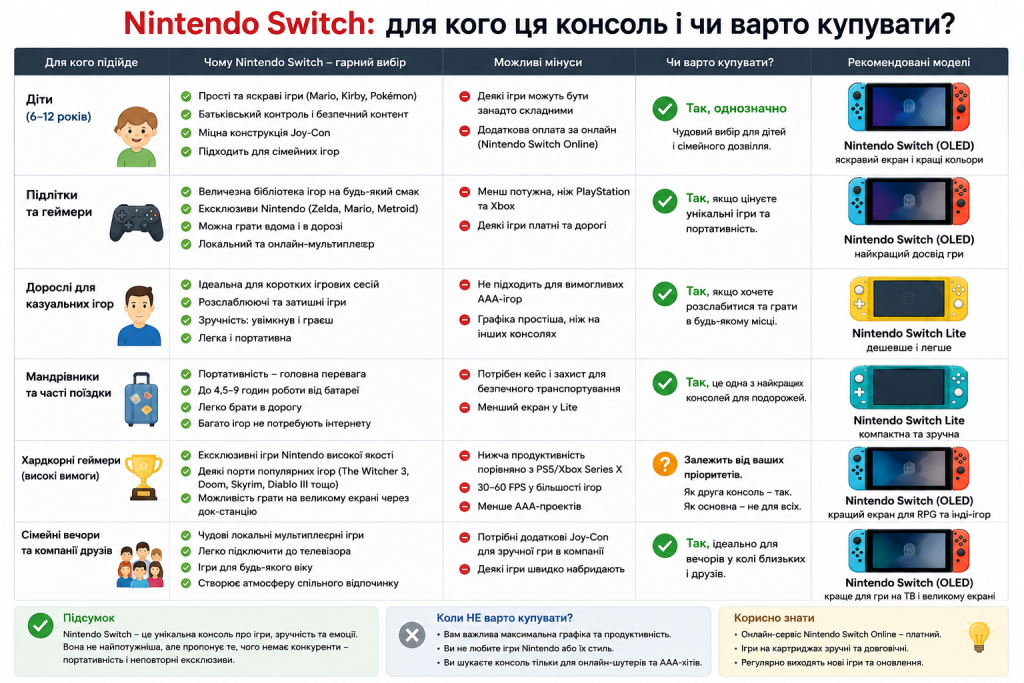 Порівняльна таблиця Nintendo Switch для різних категорій користувачів та рекомендовані моделі