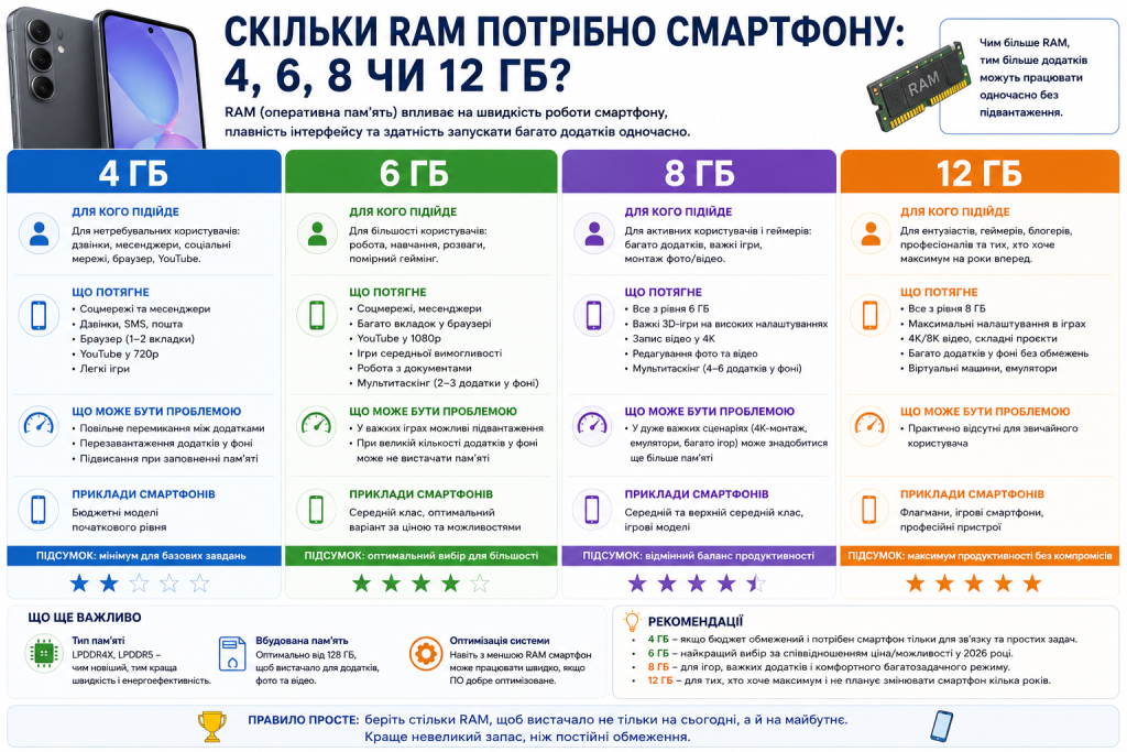 Порівняльна таблиця обсягів оперативної пам'яті смартфона 4, 6, 8 та 12 ГБ з рекомендаціями вибору