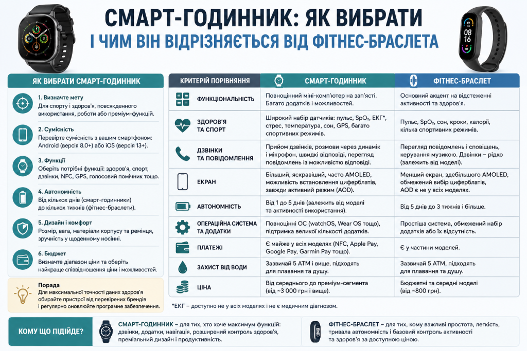 Інфографіка з порівнянням смарт-годинника та фітнес-браслета за функціональністю, автономністю та ціною