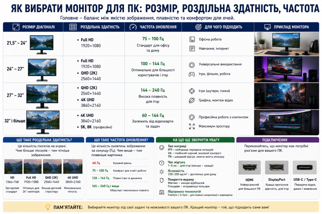 Інфографіка про вибір монітора для комп’ютера: діагональ, роздільна здатність, частота оновлення, тип матриці, інтерфейси підключення та рекомендації.
