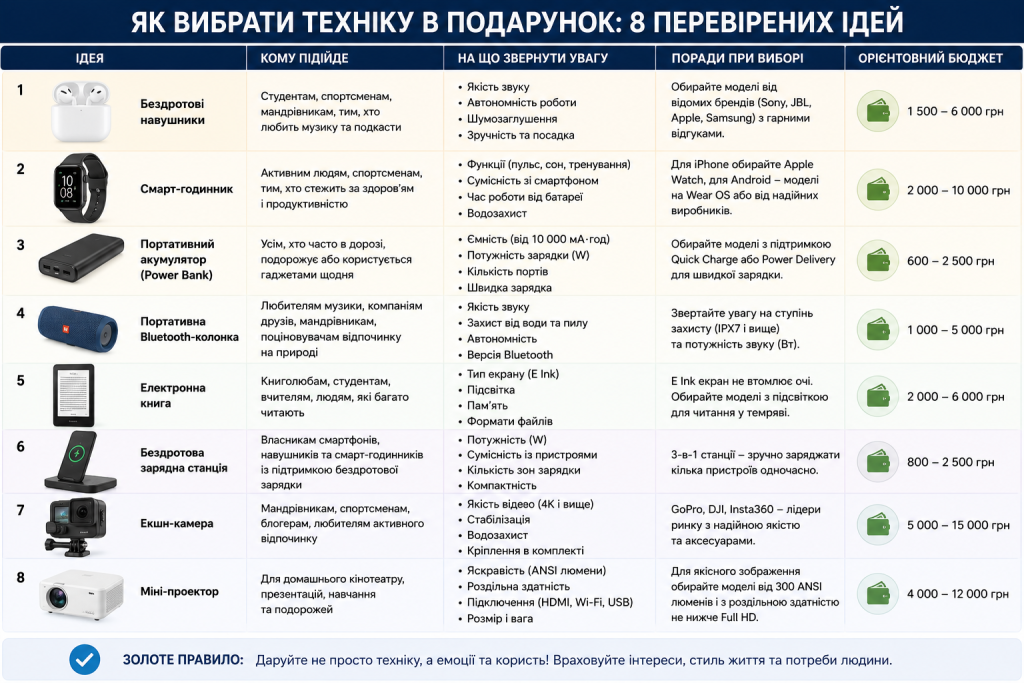 Інфографіка з ідеями техніки в подарунок: навушники, смарт-годинник, павербанк, колонка, електронна книга та інше