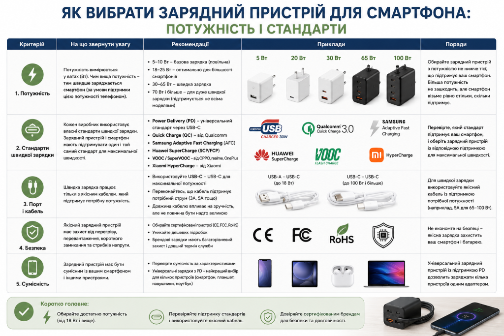 Інфографіка про вибір зарядного пристрою для смартфона, потужність, стандарти швидкої зарядки, сумісність кабелів і правила безпечного використання.