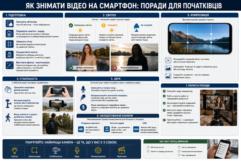 Інфографіка з порадами щодо зйомки відео на смартфон для початківців