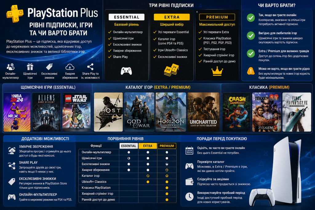 Інфографіка про підписку PlayStation Plus з порівнянням рівнів Essential, Extra і Premium, іграми та основними можливостями.