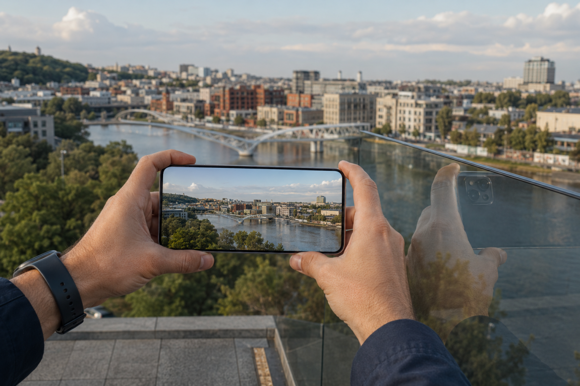 Людина фотографує міський пейзаж на смартфон, тримаючи телефон горизонтально