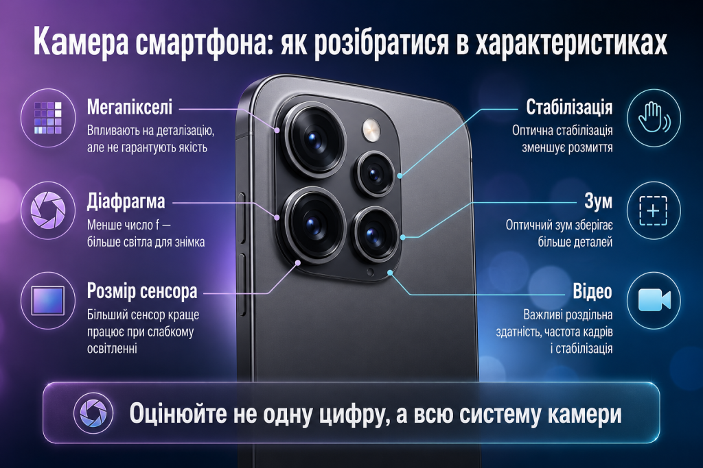 Інфографіка про мегапікселі, діафрагму, розмір сенсора, стабілізацію, зум і відео в камері смартфона